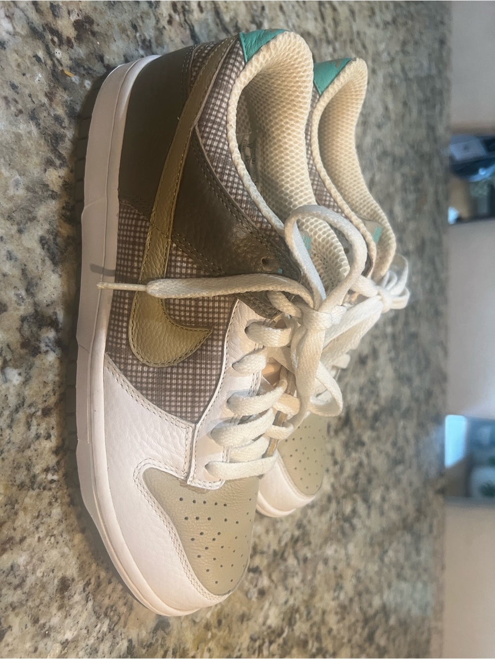 Nike Dunk Low Tweed sneakers  tweed upper with a bronzed olive swoosh.